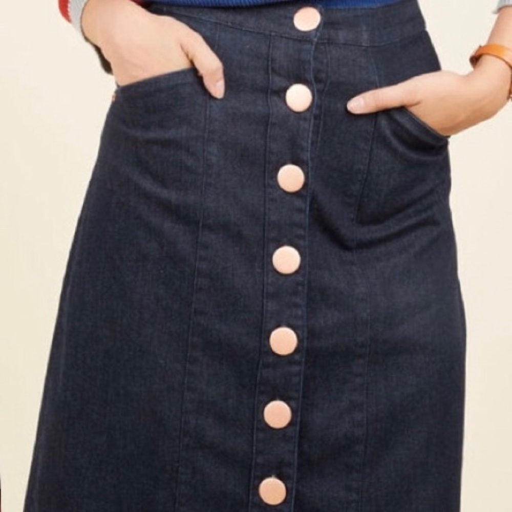 ModCloth Denim Midi Skirt with Bronze Buttons
